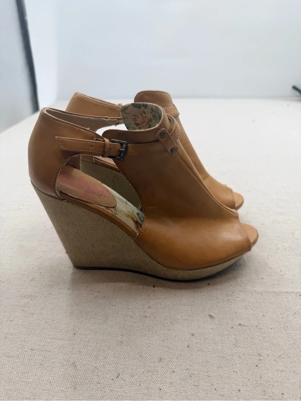 Unlisted Wedge Peep-Toe Ankle Strap Sandal in Tan